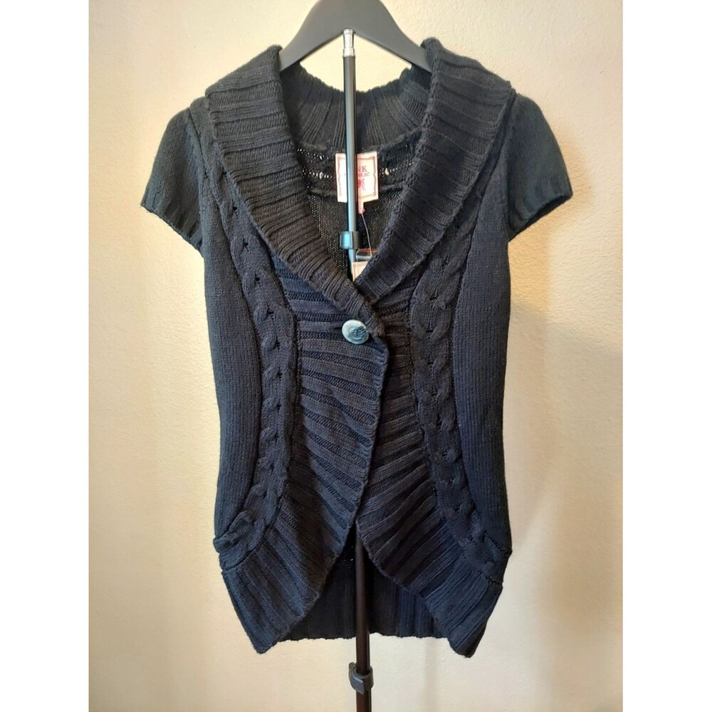 NWT Junior's Pink Republic Short Sleeve Cable Knit Shawl Collar Cardigan - Black